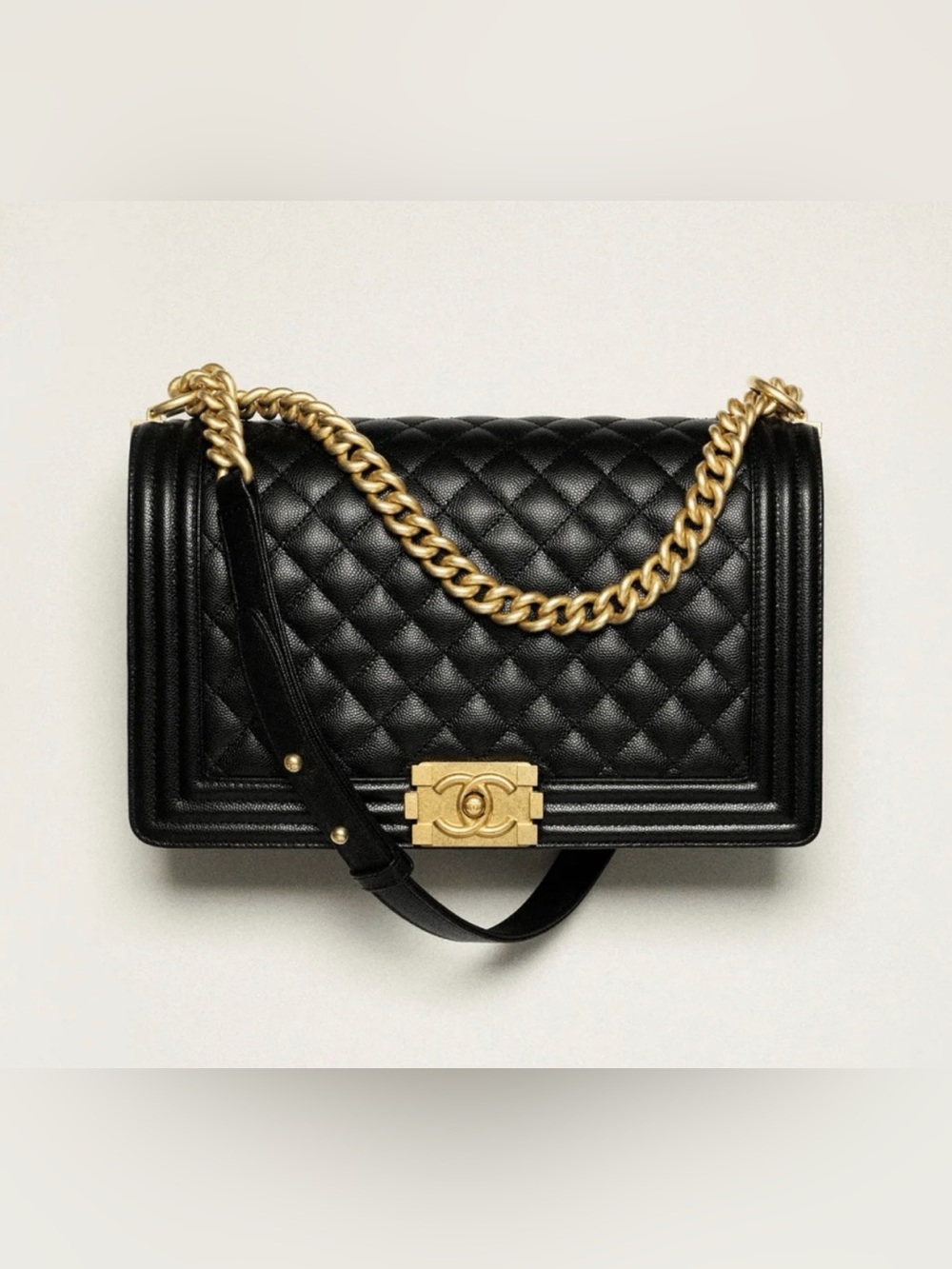 CHANEL Boy Black Quilted Leather caviar Shoulder Bag with Gold Hardware